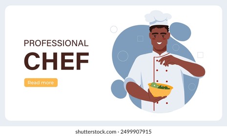 Professional chef poster. Man in chefs cap salts plate of salad. Preparing tasty and healthy food. Catering occupation. Cafe or restaurant worker. Landing webpage. Flat vector illustration