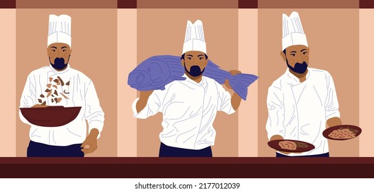 Un chef profesional prepara pescado y guarnición. El chef se encarga de cocinar. Ilustración de vectores planos