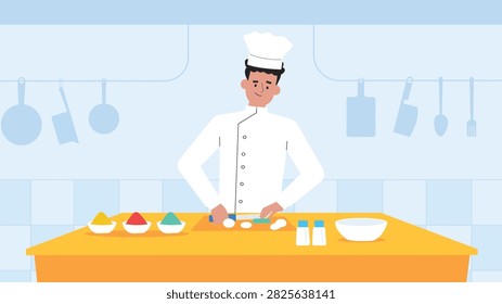 Professional chef preparing ingredients on kitchen counter vector illustration design