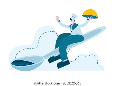 A professional chef rushes to offer the customer a basic menu. Comic illustration of a character sitting on a spoon with a tray in fashionable style. Concept of catering, restaurant business. Vector.