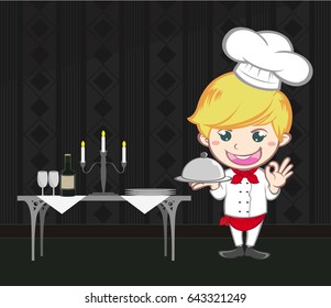 professional chef serve food on dining table the design cartoon character  by illustration vector