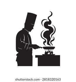 Professional chef silhouette cooking at a kitchen station. The chef is holding a frying pan over an open gas flame with stylized smoke or steam rising, depicting culinary mastery, food preparation, restaurant service, professional kitchen operations, and gourmet cooking techniques.