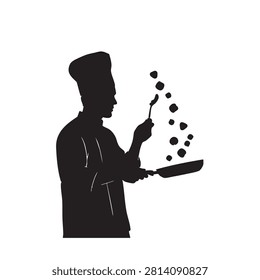 Professional chef silhouette icon illustration isolated on white background. Skillful cook tossing food in frying pan. Creative culinary graphic design element for restaurant branding menu design kitchen wall art decor. Dynamic figure capturing movement of cooking process for professional food service.