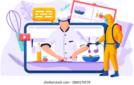 Professional chef slices bell pepper on a cutting board for the salad. Video recording of a culinary blog via the Internet. A man from epidemiological service doing disinfection. Online cooking
