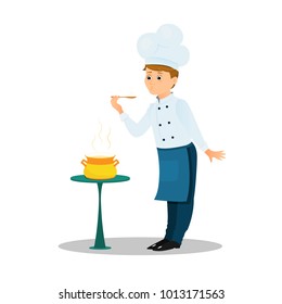 Professional chef with a spoon and soup pot on the table. Cartoon style. Vector illustration.