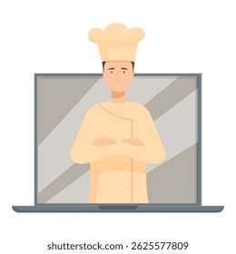 Professional chef is standing inside a laptop screen, suggesting an online cooking course or culinary class
