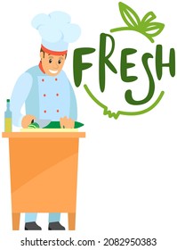 Professional chef stands with cutting board and knife near inscription fresh. Man prepares dish, cuts cucumber, vegetable for salad. Chef works with kitchen equipment to prepare healthy food