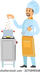 Professional chef stands with spoon and soup pot on stove. Man preparing dish, adding spice to meal. Chef works with kitchen equipment to prepare food. Male character adds ingredients to hot dish