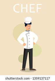 Professional Chef in Uniform Flat Vector Character. Culinary School Teacher. Smiling Cartoon Caucasian Cook. Job, Occupation with Title Poster. Cafe Worker Standing with Hands on Hips