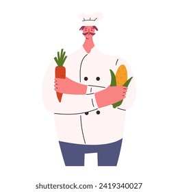 Professional chef in uniform holding vegetables, cartoon flat vector illustration isolated on white background. Character cooking vegetarian food. Concepts of career, restaurant and cooking school.