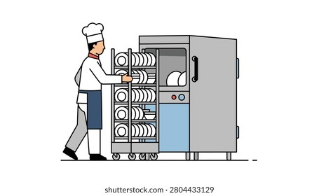Professional chef in a uniform rolls a large rack filled with clean white plates into a stainless steel commercial kitchen dishwasher.