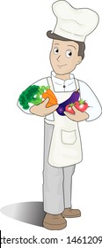professional chef, vegetarian with vegetables vector drawing