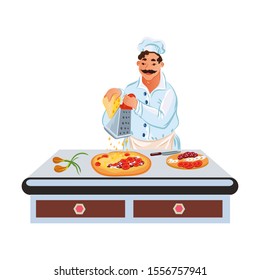 Professional chef in white uniform makes pizza on the table. Vector illustration in flat cartoon style.