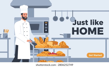 Professional chef in a white uniform pushing a cart full of baked bread and pastries inside a commercial kitchen.