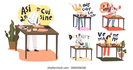 Professional chefs cooking meal and different cuisines dishes for restaurant: asian, vegan, molecular food, desserts and bakery and beef menu. Cartoon flat vector illustration