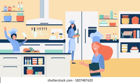 Professional chefs cooking at restaurant kitchen flat vector illustration. Happy cartoon cooks preparing food and desserts for cafe. Interior, gourmet and hospitality concept