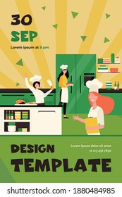 Professional chefs cooking at restaurant kitchen flat vector illustration. Happy cartoon cooks preparing food and desserts for cafe. Interior, gourmet and hospitality concept