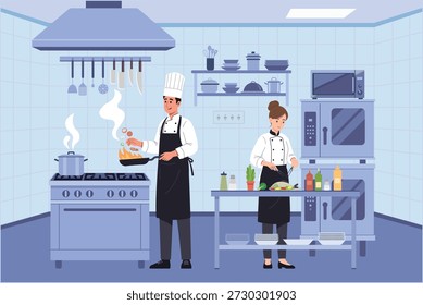 Professional Chefs Cooking Together in Restaurant Kitchen Illustration