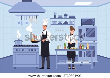 Professional Chefs Cooking Together in Restaurant Kitchen Illustration