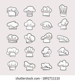 Professional chefs hats set. Headgear contours for confectioner and pastry bakers fashionable uniform design with curls and folds culinary.