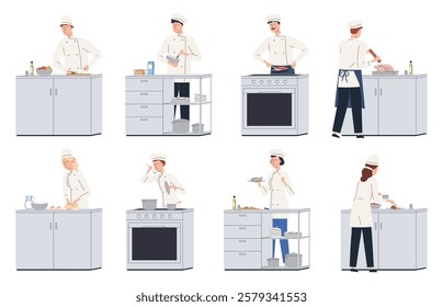 Professional chefs in the kitchen. Cooks prepare food in a restaurant, cafe. Delicious nutritious dishes prepared by chefs. Vector illustration