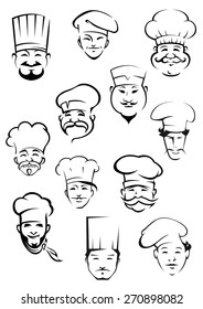 Professional chefs portraits showing multiethnic smiling mature and young mustached men in traditional toques for kitchen personnel or restaurant design