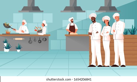 Professional chefs standing together in the restaurant kitchen. Restaurant staff cooking in apron. Preparing food process. Cafe kitchen interior. Vector illustration in cartoon style