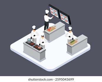 Professional Chefs Working in a Modern Kitchen 3d flat vector illustrations