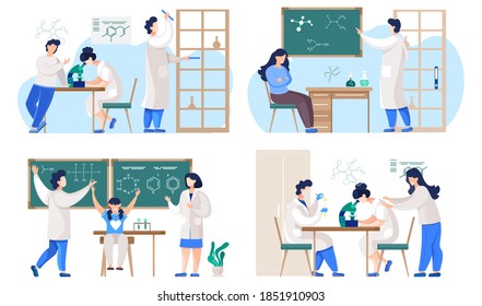 Professional chemists in their laboratory makes different experiments on the table with fkasks. Science chemistry teacher, scientist professor teaching student in laboratory classroom at school