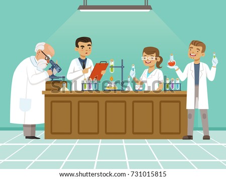 Professional chemists in their laboratory makes different experiments on the table. Male and female medical workers. Chemistry science education in laboratory, research and experiment