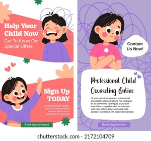 Professional child counseling online, help your kid now. Sign up today, mental health and treatment, specialist talking to preschooler. Advertisement promotional banner, vector in flat style