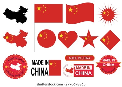 Professional China vector collection featuring national flag variations, country map silhouette, five star flag symbols and made in China badges. Ideal for national identity, branding, packaging and commercial design projects.