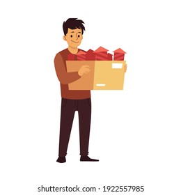 Professional cinema production and shooting of movie. A worker of film crew holding a box with firecrackers. Flat cartoon isolated vector illustration