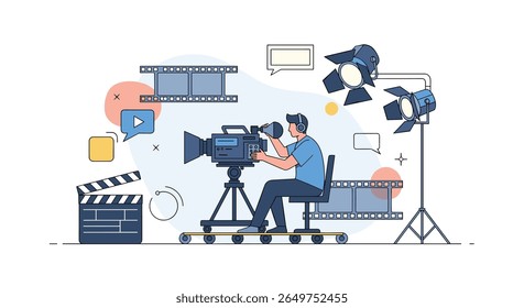 Diretor de fotografia profissional capturando uma cena cinematográfica com equipamento de produção de filmes e configurações de iluminação, aprimorando a experiência de narrativa visual