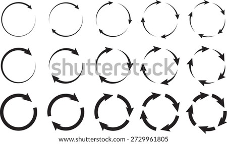 Professional circular arrow set. Modern spin and flip icons. Universal loading and buffering symbols. Vector clockwise and counter-clockwise signs collection.
