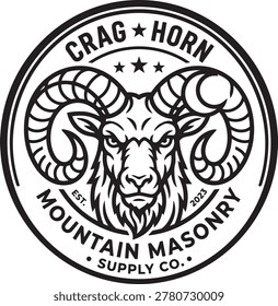 A professional circular logo for Crag Horn Mountain Masonry Supply Co., featuring a stylized ram head illustration, stars, and established year 2023.