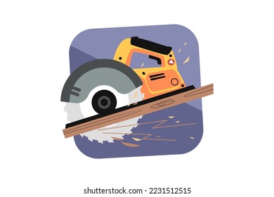 Ilustración vectorial de herramienta de sierra circular profesional. Cubierta circular de sierra y mango sobre el concepto de corte de cabeza plana. Ideas de madera, carpintería y madera
