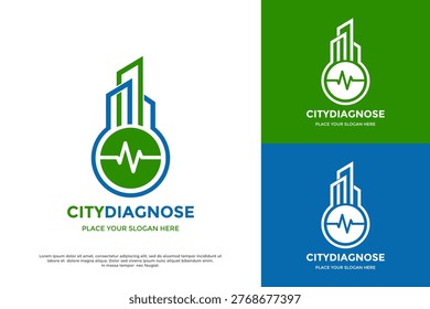 Professional city diagnose logo featuring a heartbeat pulse line and a city skyline for urban healthcare and clinics.