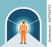Professional civil engineer worker on road to tunnel entrance. Construction site inspection, infrastructure development and underground earthworks or safety maintenance for the transportation industry