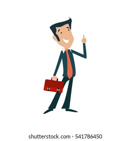 Professional Classic Business Man Flat Character. Isolated in white background. Standing holding a suitcase.