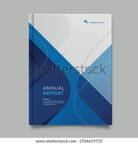 A professional and clean annual report cover design featuring blue geometric shapes and modern typography on a light gray background for corporate use.