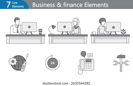 A professional and clean black line art vector illustration set featuring a variety of business and finance elements. This pack includes icons and illustrations such as charts, graphs, briefcases.