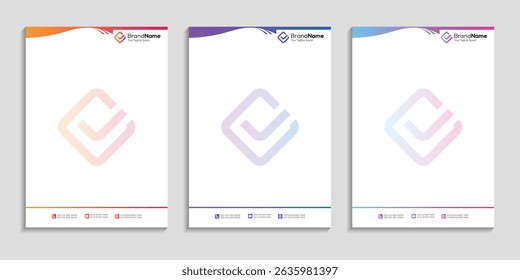 Professional clean business letterhead template design set to three color variation with color gradient for any business