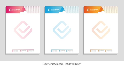 Professional clean business letterhead template design set to three color variation with color gradient for any business