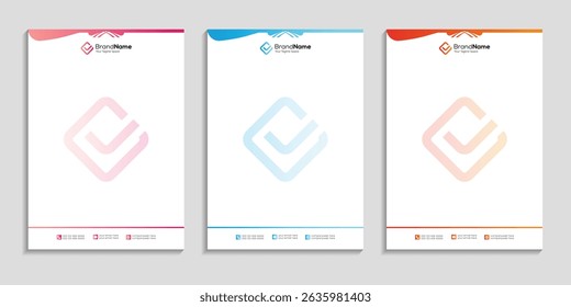 Professional clean business letterhead template design set to three color variation with color gradient for any business