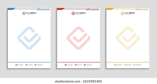 Professional clean business letterhead template design set to three color variation with color gradient for any business