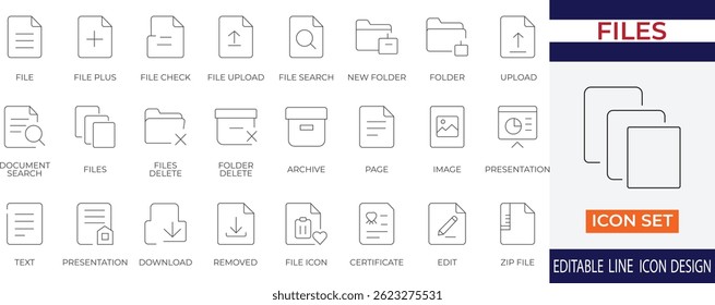 Um conjunto de ícones de arquivos e documentos profissionais e limpos projetado para aplicativos digitais. Inclui ícones para carregar, baixar, editar, arquivar, pastas, documentos, arquivos zip e muito mais