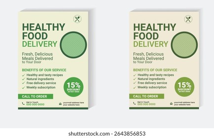 A professional and clean flyer vector template designed for promoting healthy food delivery services. Ideal for organic restaurants, meal subscriptions, and natural food branding.