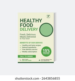 A professional and clean flyer vector template designed for promoting healthy food delivery services. Ideal for organic restaurants, meal subscriptions, and natural food branding.