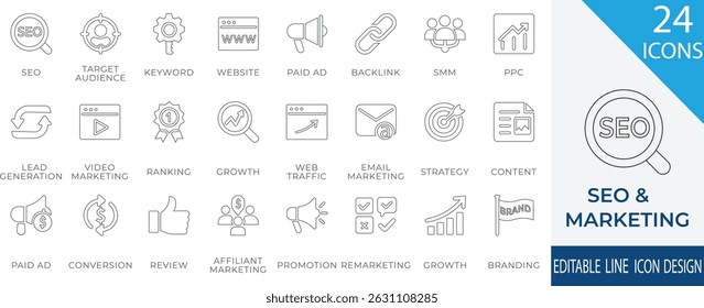 Ein professionelles und sauberes Line-Icon-Set für SEO- und digitale Marketing-Themen. Enthält grundlegende Konzepte wie SEO, Keyword-Recherche, Content-Erstellung, Website, Lead-Generierung